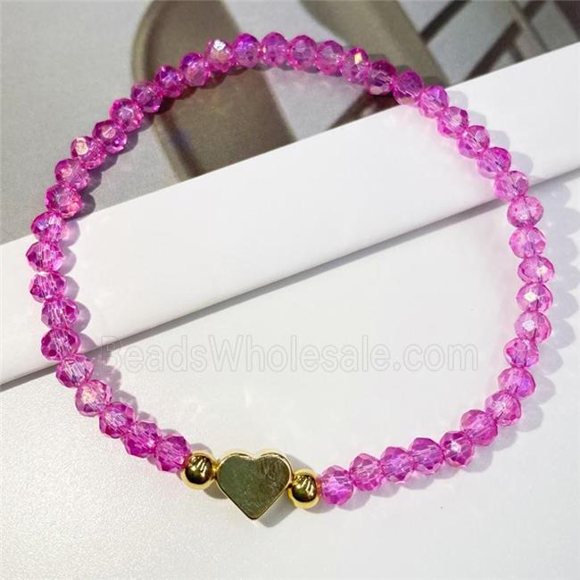 Chinese Crystal Glass Bracelet with gold heart, stretchy, hotpink