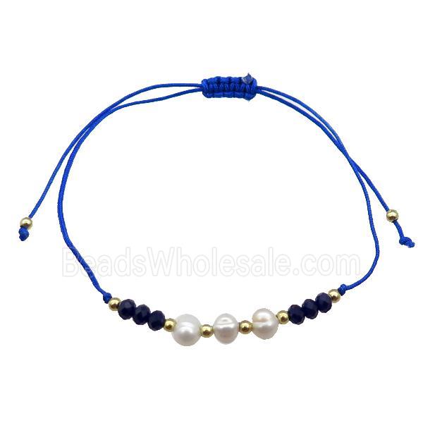 Pearl Bracelet With Crystal Glass Adjustable RoyalBlue