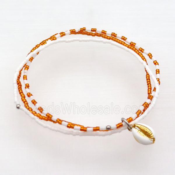 Seed Glass Bracelet 3 Strands Conch Shell Stretchy