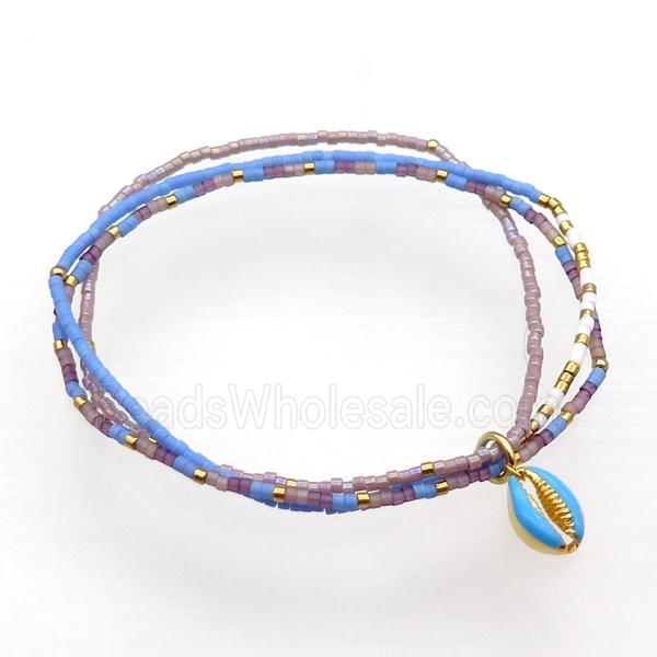 Seed Glass Bracelet 3 Strands Conch Shell Stretchy
