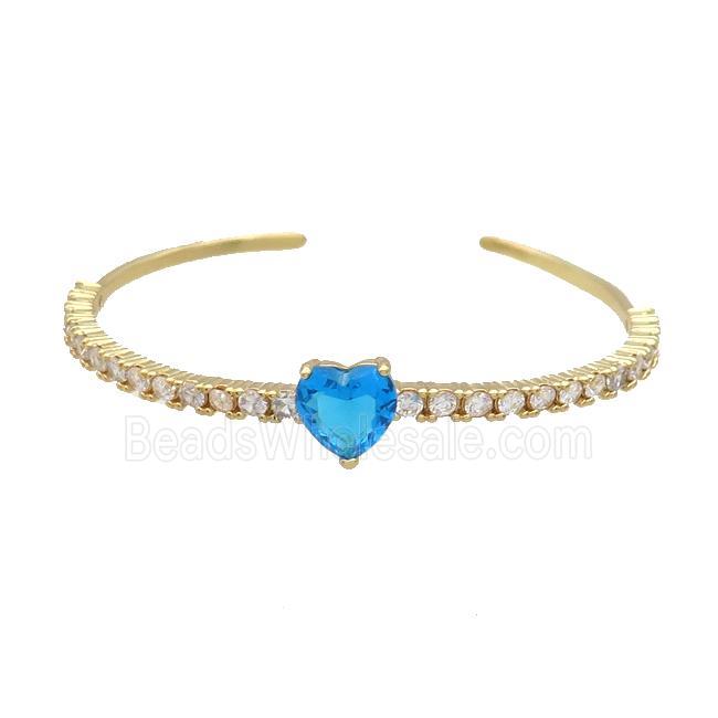 Copper Bangle Pave Zircon Blue Crystal Glass Heart Gold Plated