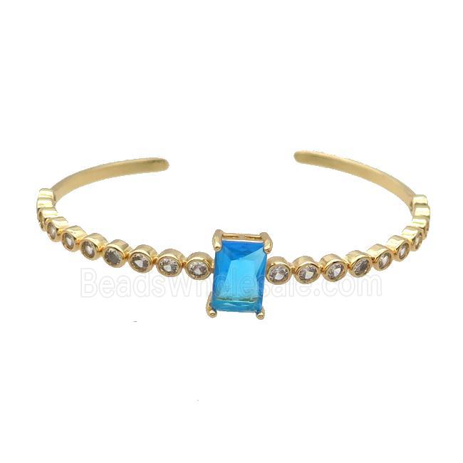 Copper Bangle Pave Zircon Blue Crystal Glass Rectangle Gold Plated