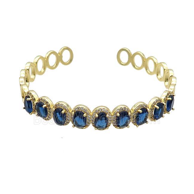 Copper Bangle Pave Zircon Blue Crystal Glass Oval Gold Plated