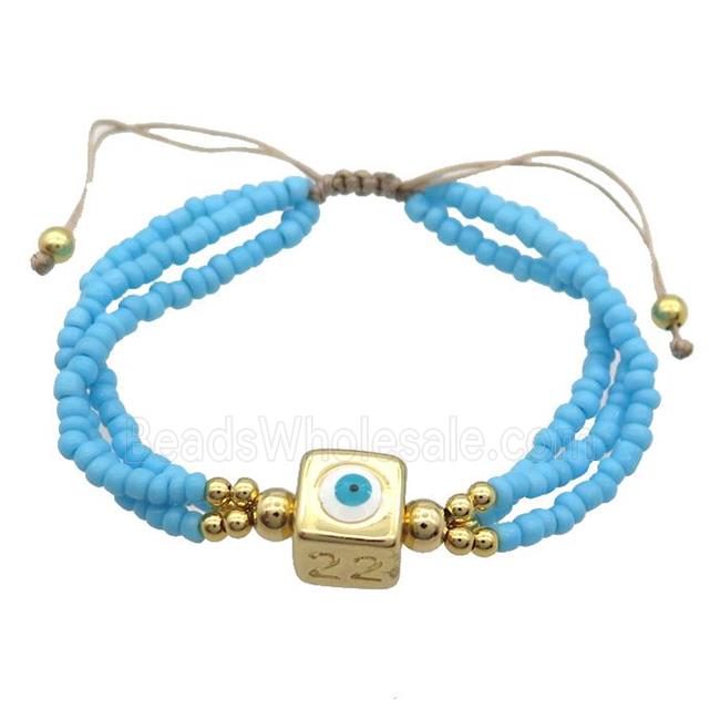 Seed Glass Bracelet Blue Copper Evil Eye Adjustable