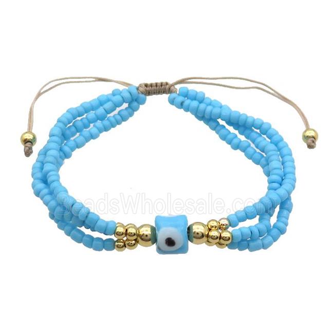 Seed Glass Bracelet Blue Lampwork Evil Eye Adjustable