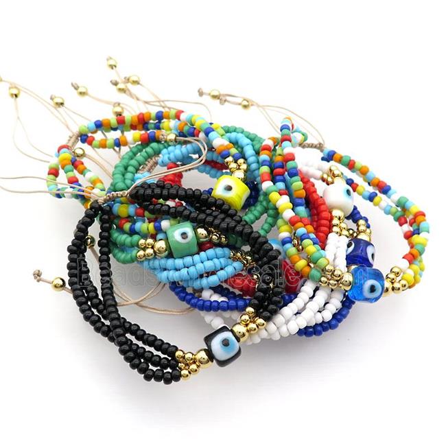 Seed Glass Bracelet Lampwork Evil Eye Adjustable Mixed