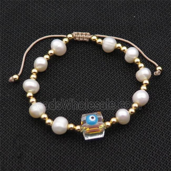Pearl Bracelet With Evil Eye Copper Adjustable