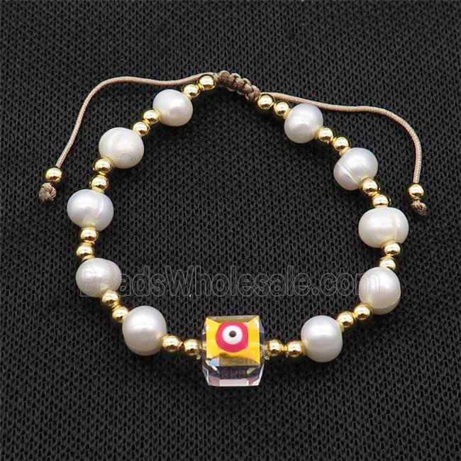 Pearl Bracelet With Evil Eye Copper Adjustable