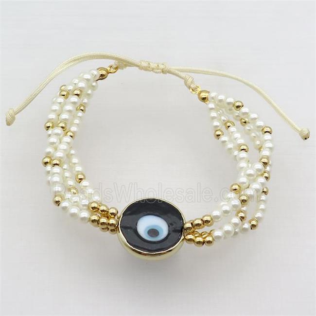 White Pearlized Glass Bracelet Black Evil Eye Adjustable