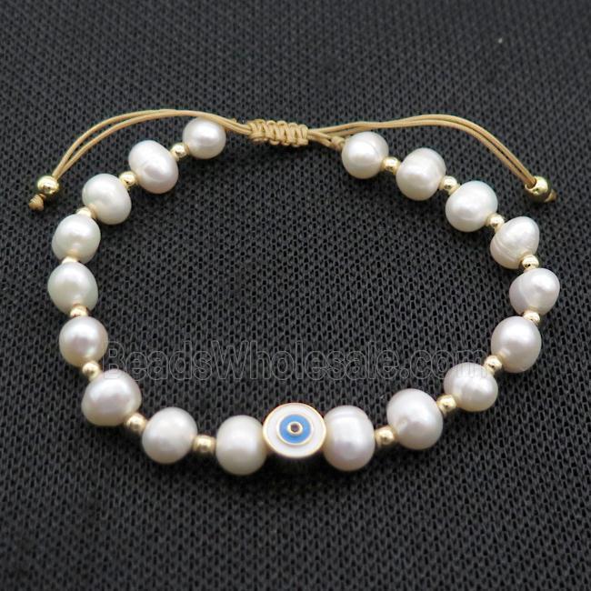 White Pearl Bracelet Evil Eye Adjustable