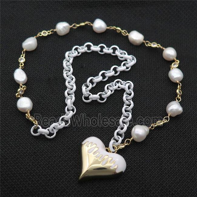 Copper Necklace White Lacquered Heart Pearl Gold Plated