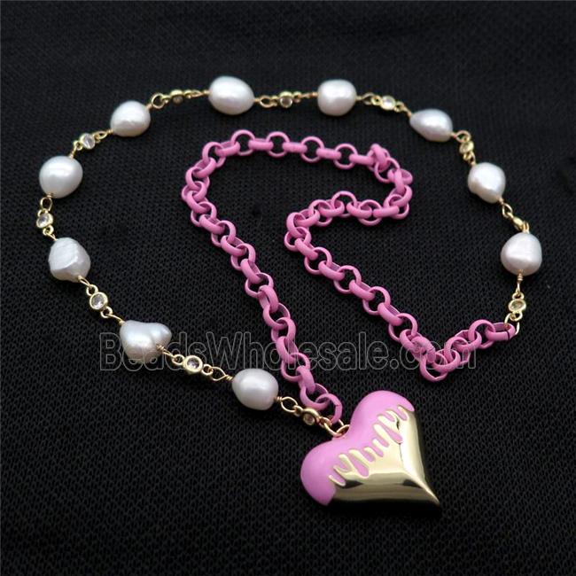 Copper Necklace Pink Lacquered Heart Pearl Gold Plated