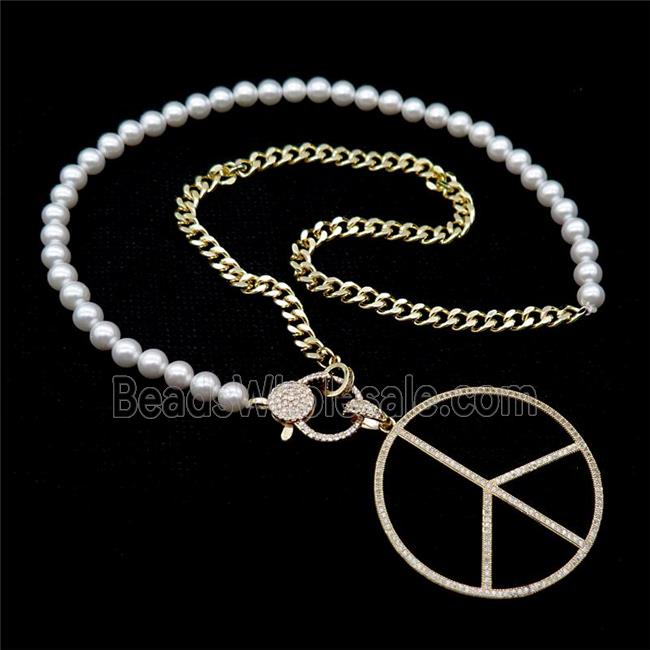 Copper Necklace Peace Sign Pave Zircon Pearlized Glass Gold Plated