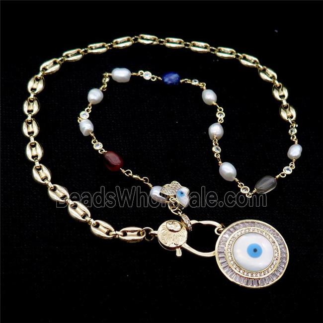 Copper Necklace Eye Pave Zircon Pearl Gold Plated