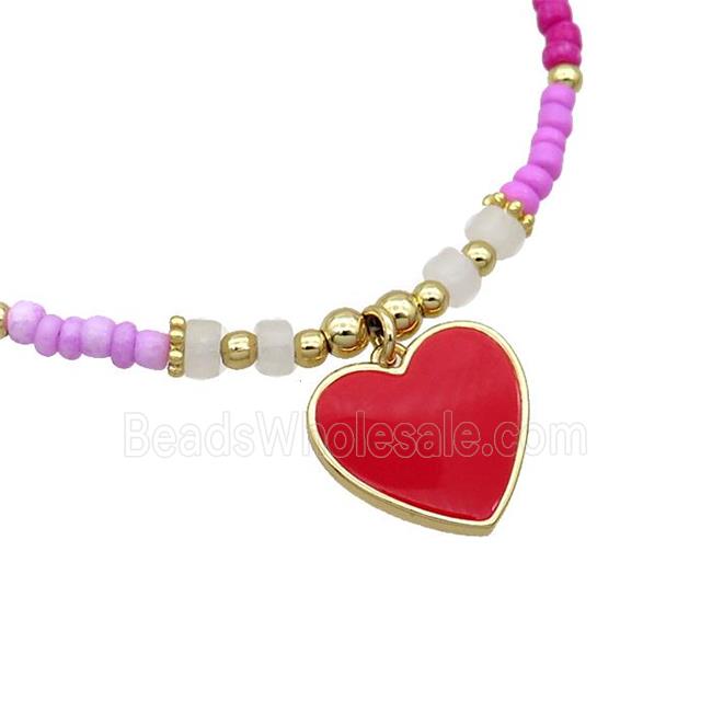 Seed Glass Necklace Red Enamel Heart Clay