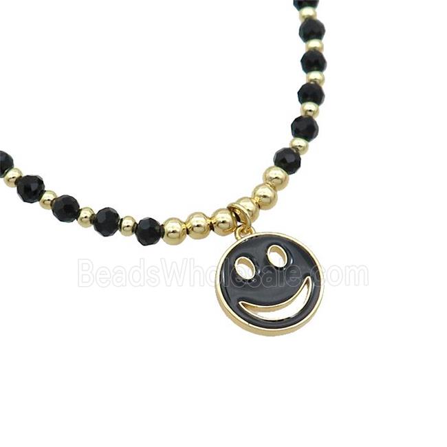 Black Crystal Glass Copper Necklace Black Enamel Emoji Gold Plated