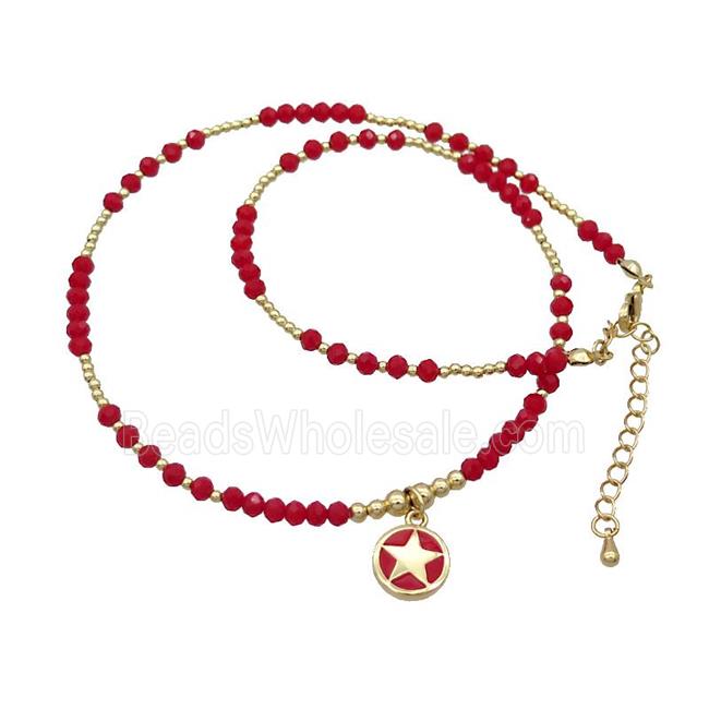 Red Crystal Glass Necklace Red Enamel Star Gold Plated