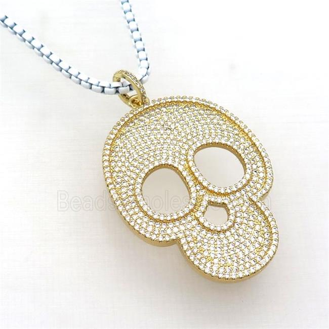 White Lacquered Copper Necklace Skull Pave Zircon Gold Plated