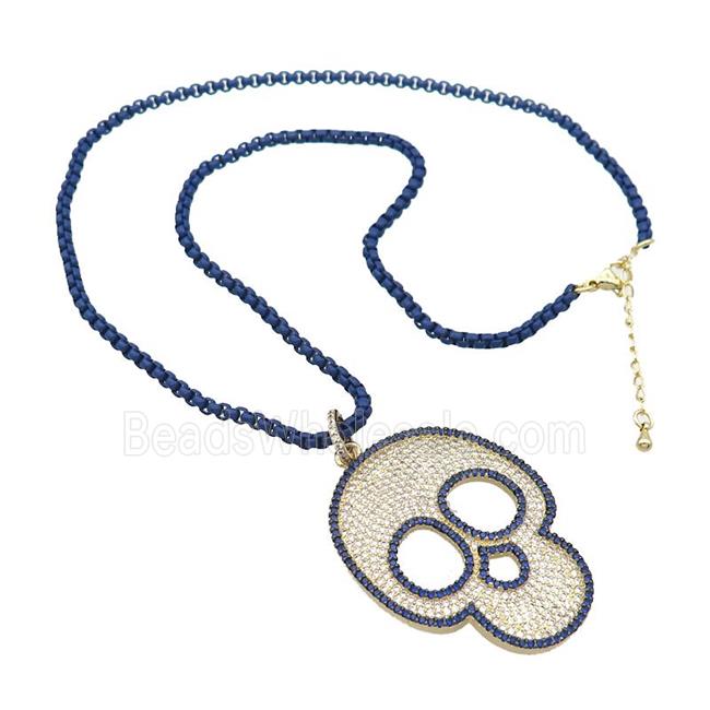 Darkblue Lacquered Copper Necklace Skull Pave Zircon Gold Plated