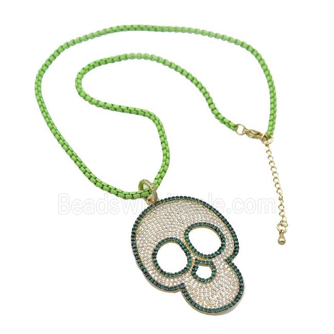 Olive Lacquered Copper Necklace Skull Pave Zircon Gold Plated