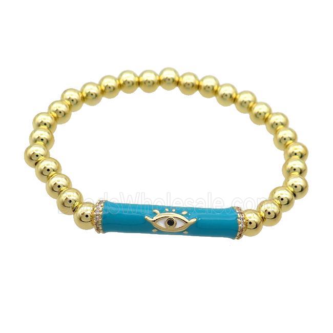 Copper Bracelet Teal Enamel Evil Eye Pave Zircon Stretchy Gold Plated