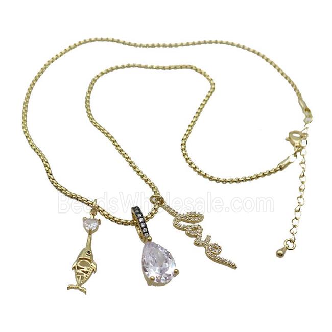 Copper Necklace Fish LOVE Pave Zircon Crystal Glass Gold Plated