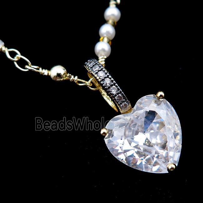Copper Necklace Heart Crystal Glass Pearlized Plastic Gold Plated