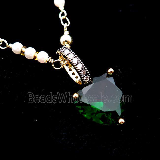 Copper Necklace Green Heart Crystal Glass Pearlized Plastic Gold Plated