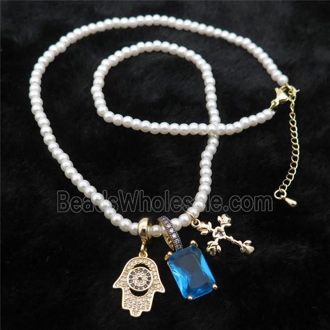 White Pearlized Plastic Necklace With Hamsahand Cross Crystal Glass