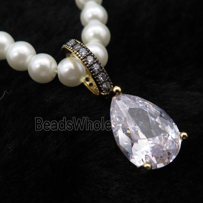 White Pearlized Plastic Necklace Pave Clear Crystal Glass Teardrop