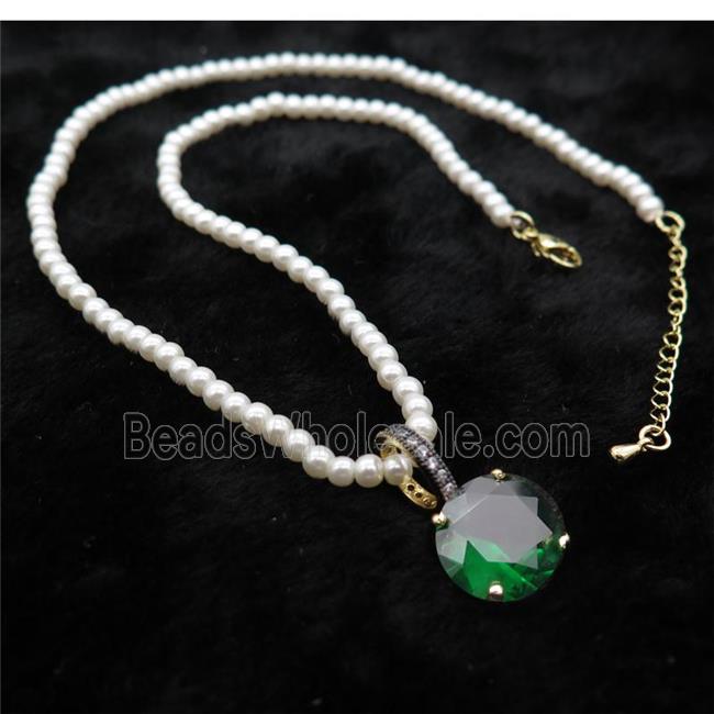 White Pearlized Plastic Necklace Pave Green Crystal Glass Circle