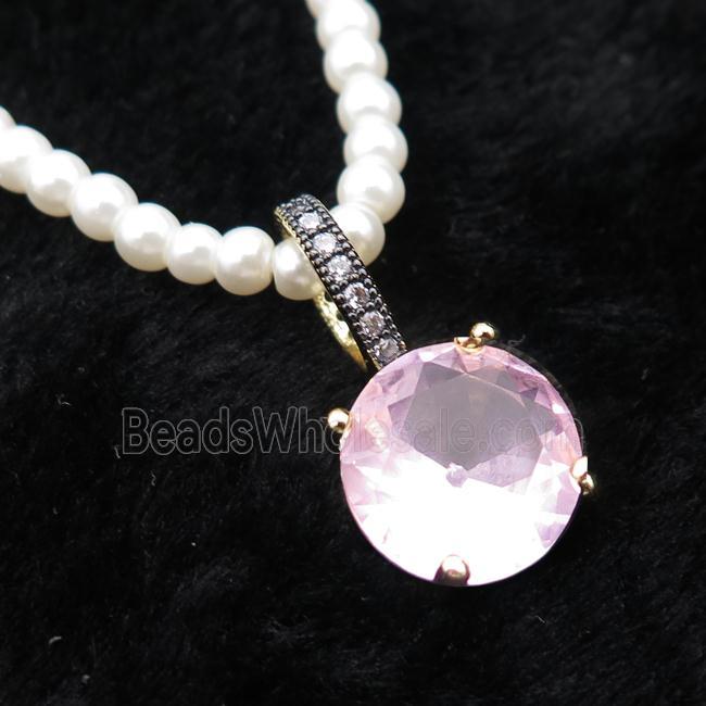 White Pearlized Plastic Necklace Pave Pink Crystal Glass Circle