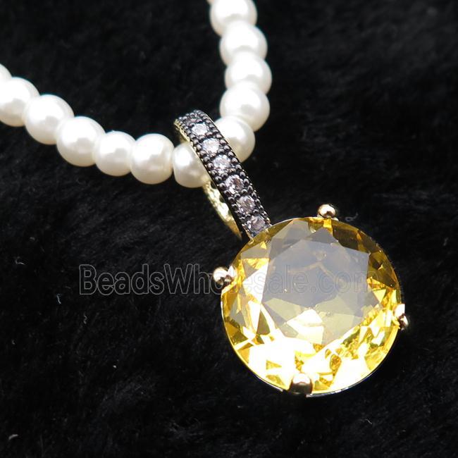 White Pearlized Plastic Necklace Pave Golden Crystal Glass Circle