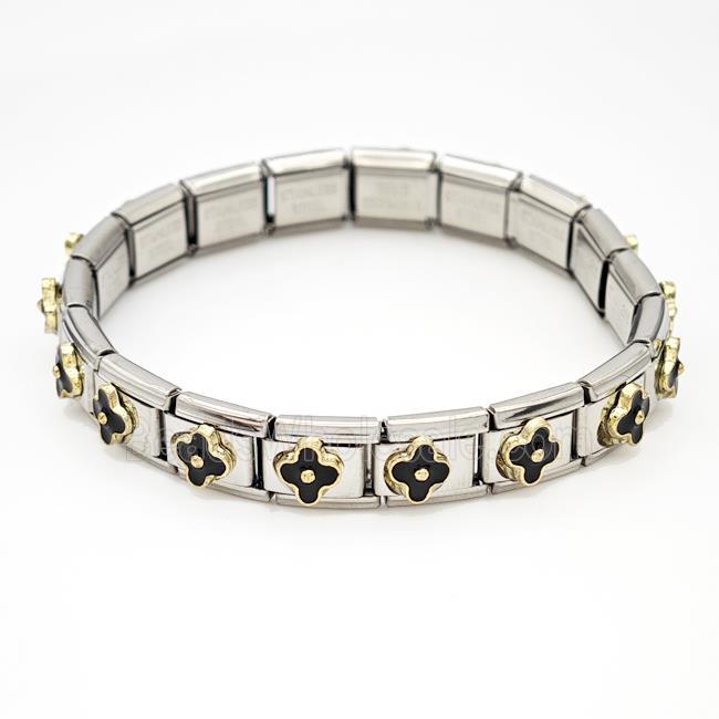 Stainless Steel Module Bracelet Clover Black Enamel