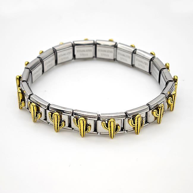 Raw Stainless Steel Module Bracelet Pave Alloy Cactus