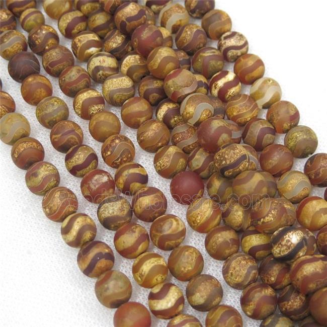 round matte tibetan agate beads, wave, antique red