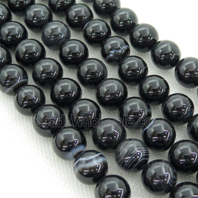Natural Stripe Agate Beads Banded Black Smooth Round