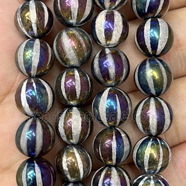 round Tibetan Agate Beads, pumpkin, rainbow electroplated