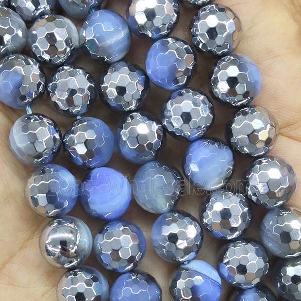 Blue Stripe Agate Beads Faceted Round Half Silver Plated