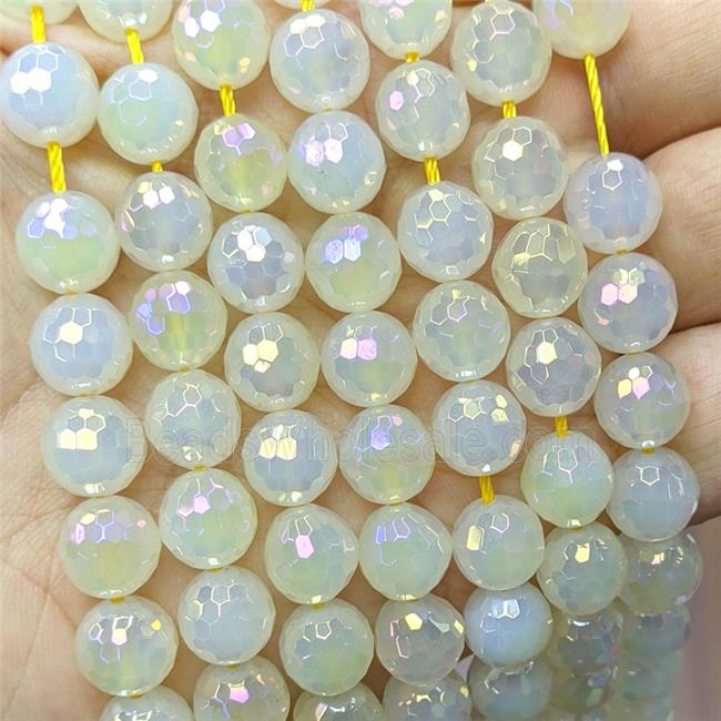 Natural White Agate Beads Faceted Round Yellow Dye AB-Color Electroplated