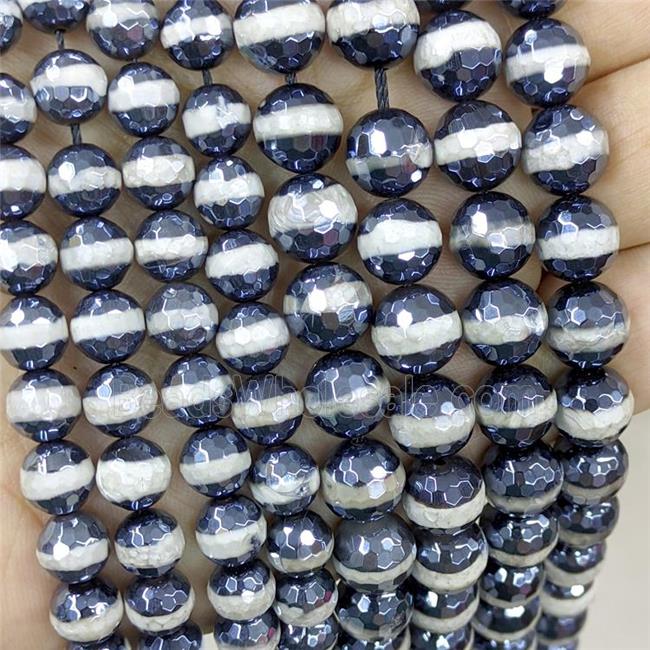 Black Tibetan Agate Beads Line Faceted Round Light Electroplated