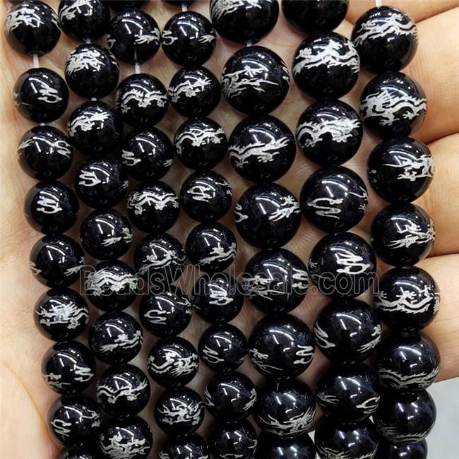 Natural Black Obsidian Beads Round Carved Loong Buddhist