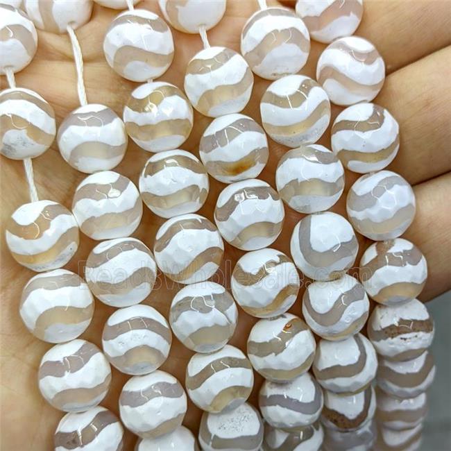 Tibetan Agate Beads Faceted Round Wave White B-Grade