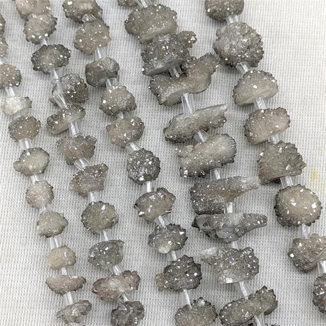 Natural Druzy Quartz Cluster Beads Gray Electroplated