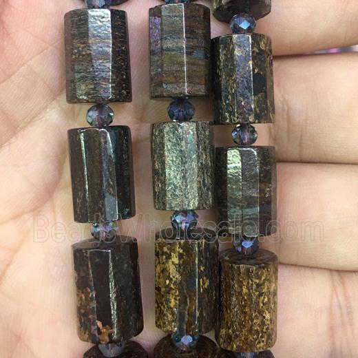 Bronzite beads, faceted cylinder