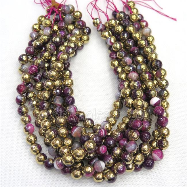 faceted round hotpink Agate beads, half gold plated