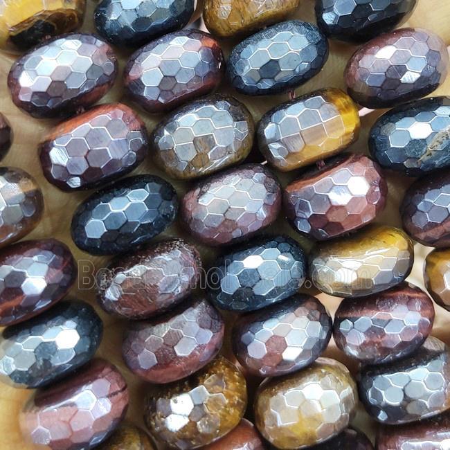 Tiger eye stone beads, faceted rondelle, mixed color, electroplated