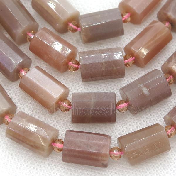 Peach Moonstone Column Beads Faceted Cylinder