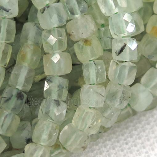 green Prehnite Beads, faceted cube
