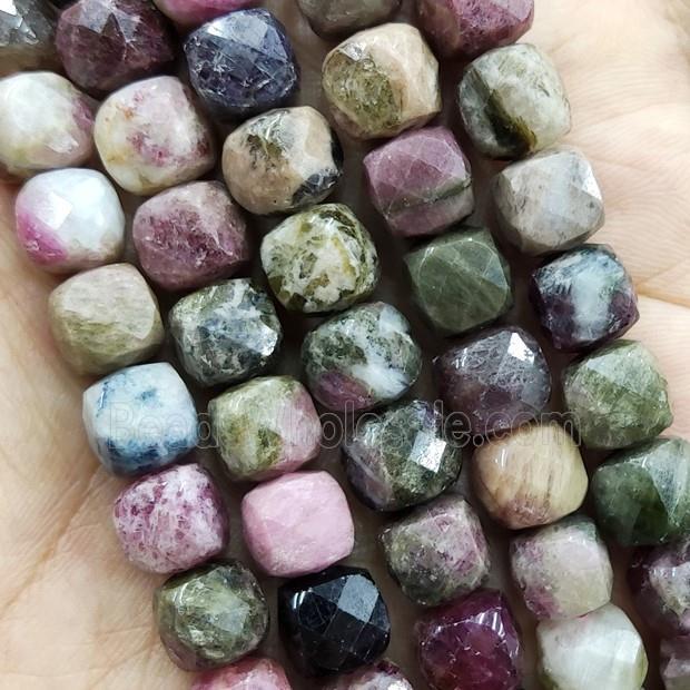Tourmaline Beads, faceted cube, multicolor